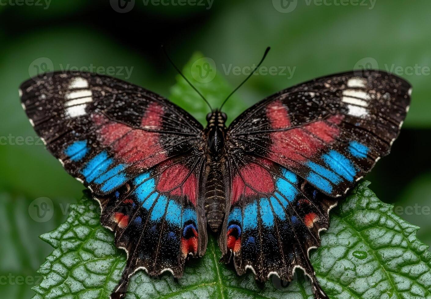 A colorful butterfly rests on a green leaf photo