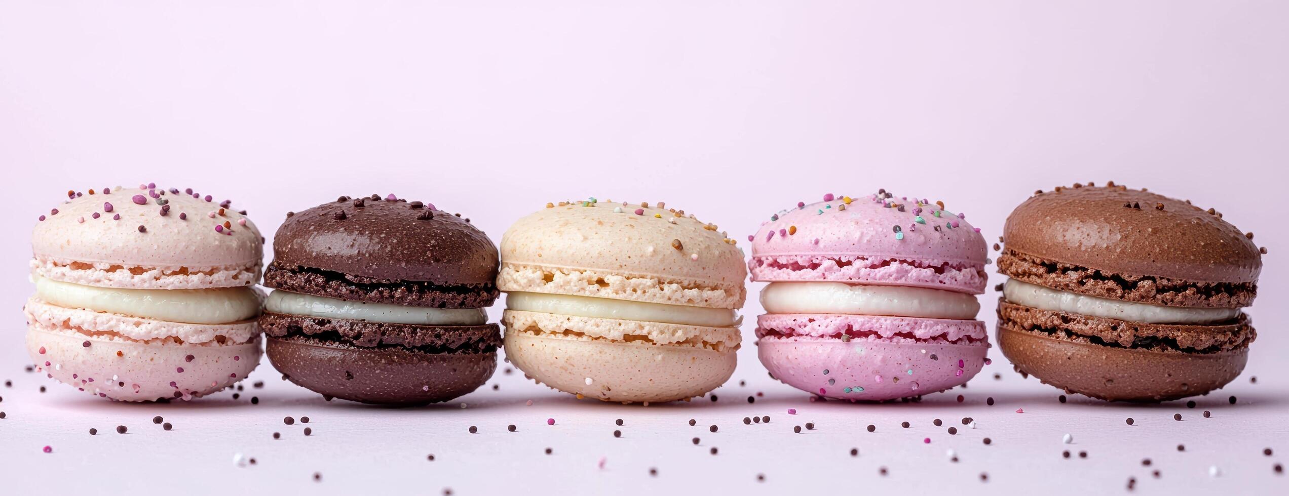 Colorful macarons on a pink background. photo