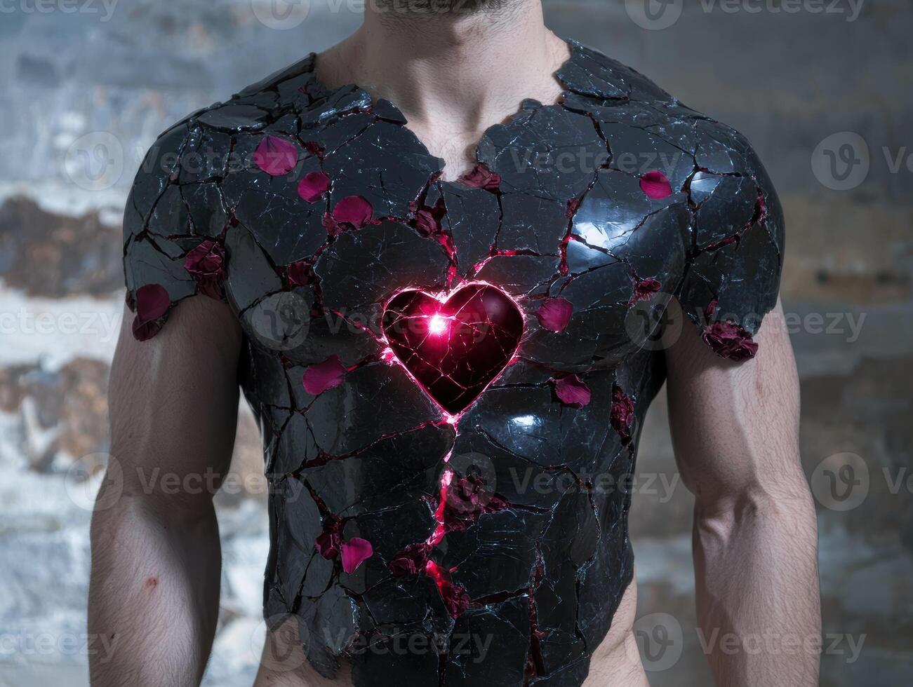 Man with cracked armor and glowing heart photo