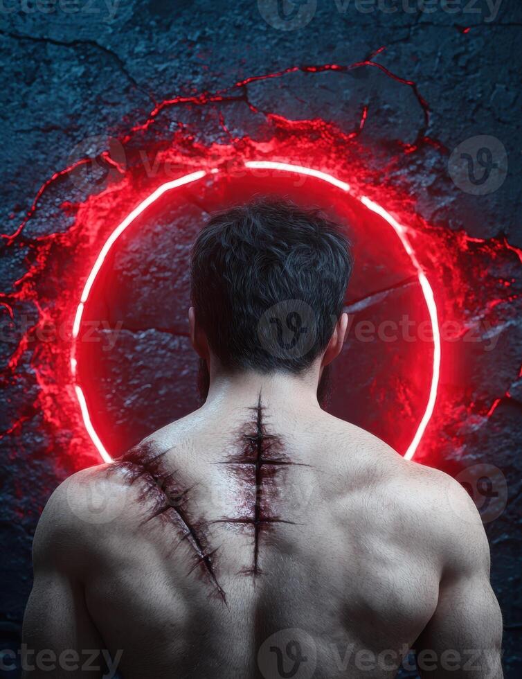Man with scars on his back standing in front of a glowing red circle photo