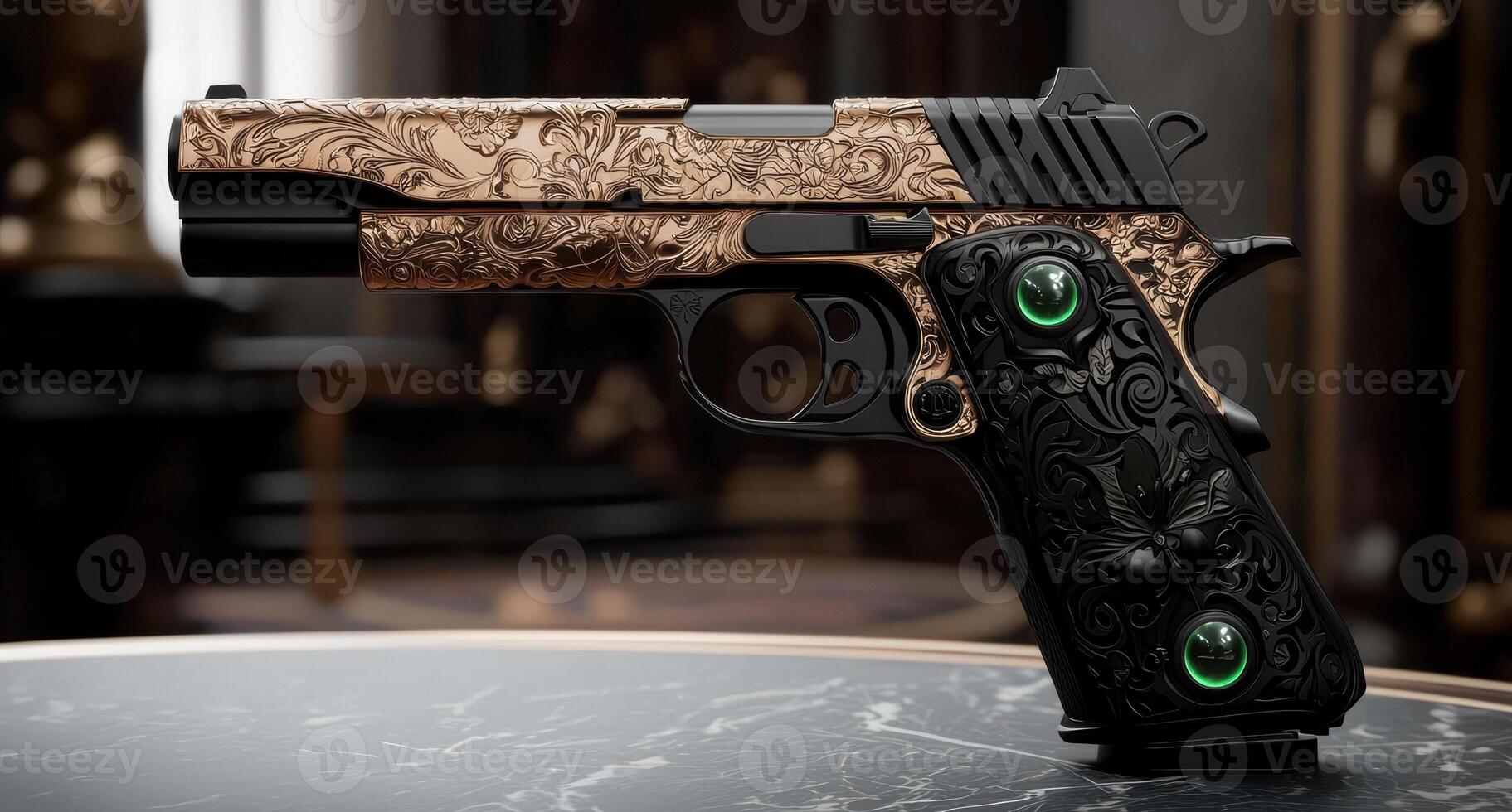 Ornate gold and black pistol with intricate engravings photo