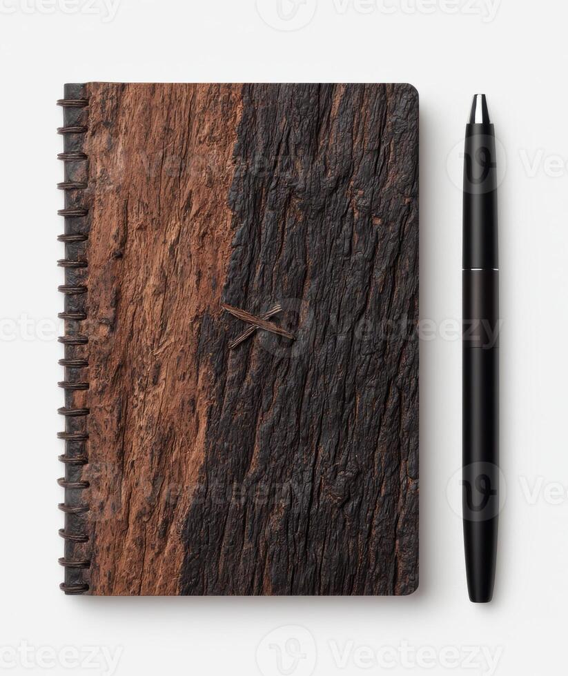 A rustic wooden notebook and pen on a white background photo