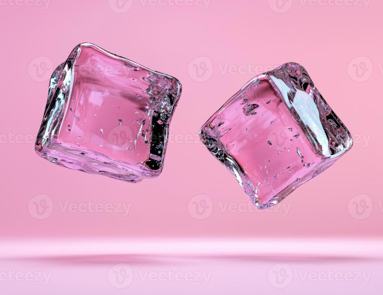 Two pink ice cubes floating on a pink background photo