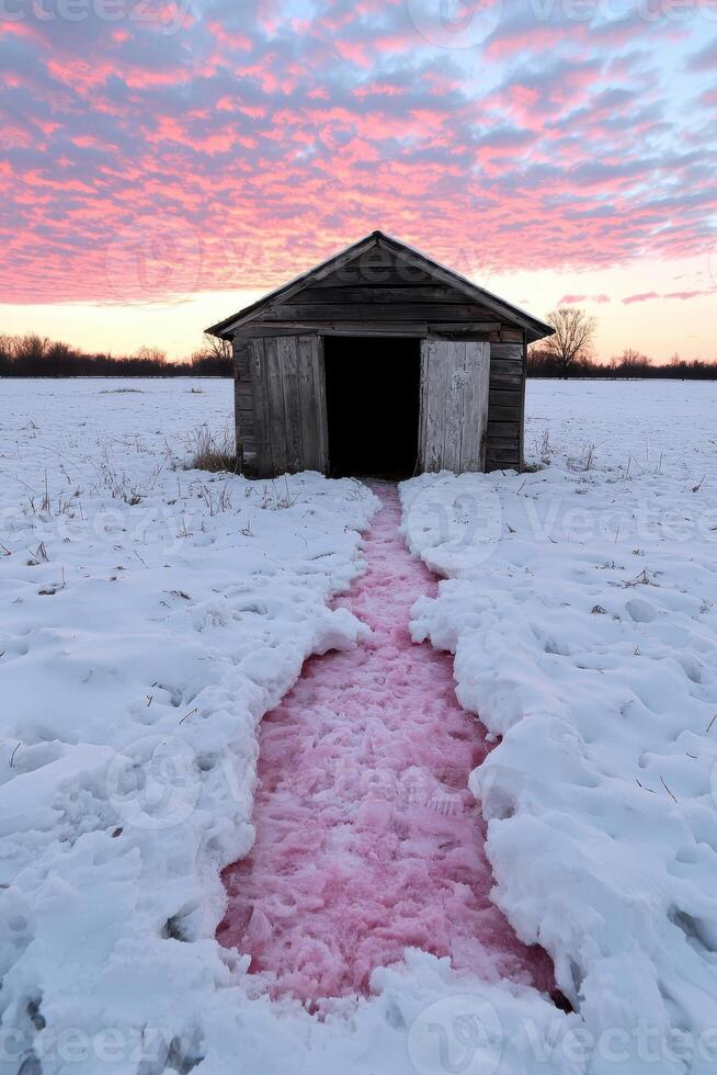 Rustic shed in a snowy field at sunset with a pink path photo