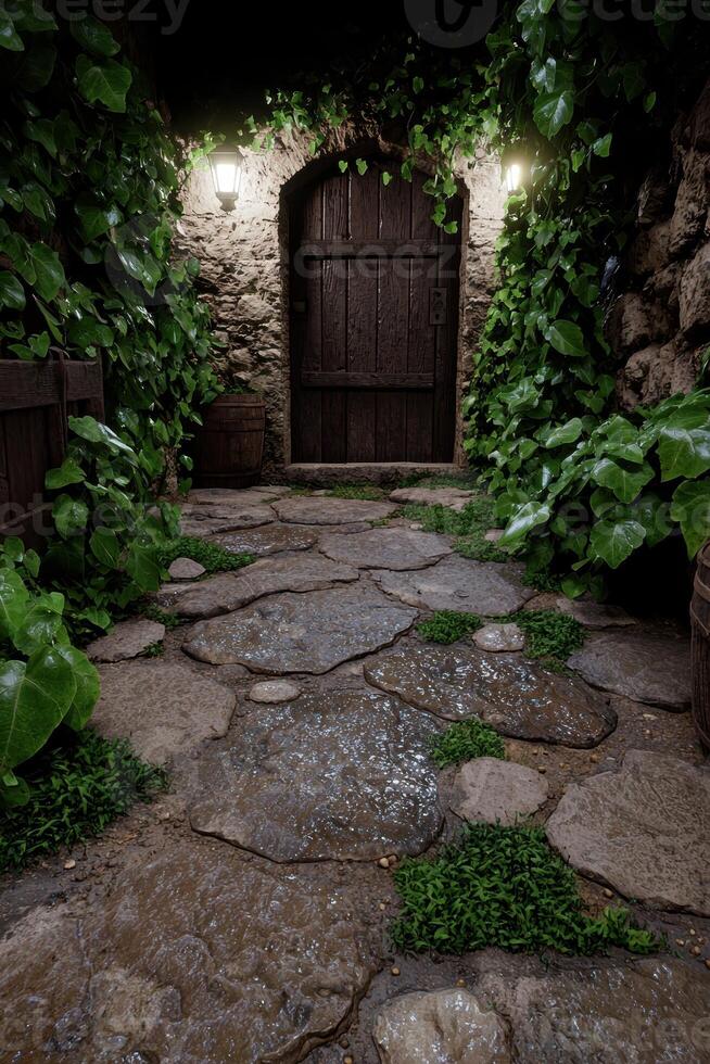 A stone path leads to a rustic wooden door surrounded by lush greenery photo
