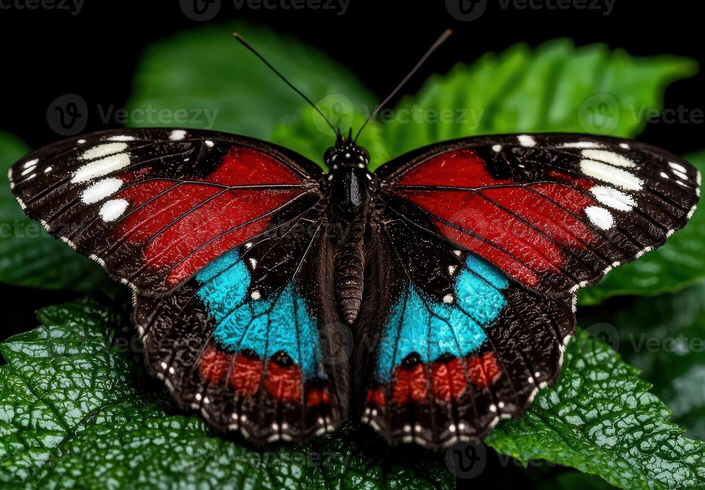 Close up of a colorful butterfly on a green leaf photo