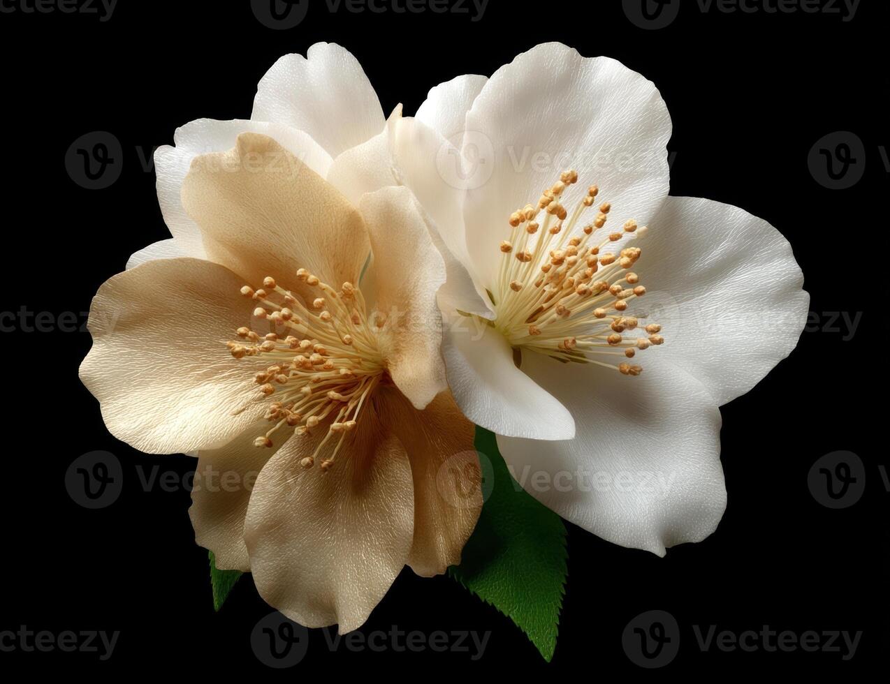 Two delicate flowers, one white and one gold, in full bloom against a black backdrop photo