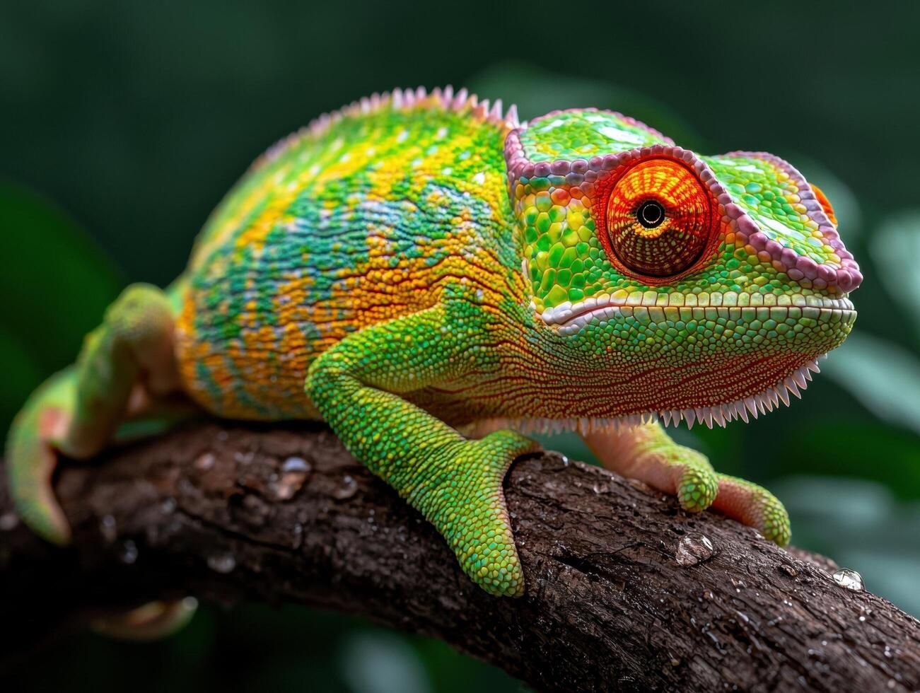 A colorful chameleon sits on a branch photo