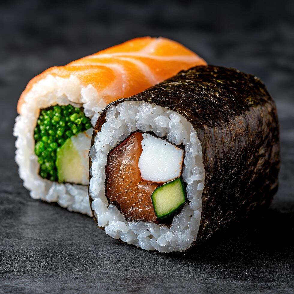Delicious sushi rolls with salmon, avocado, and seaweed photo