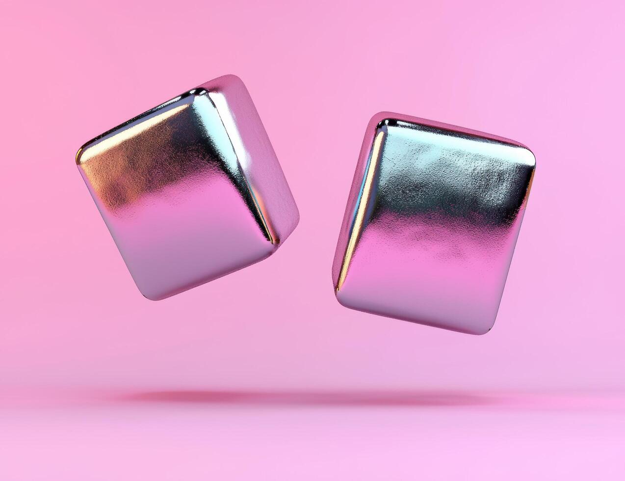 Two shiny cubes floating on a pink background photo
