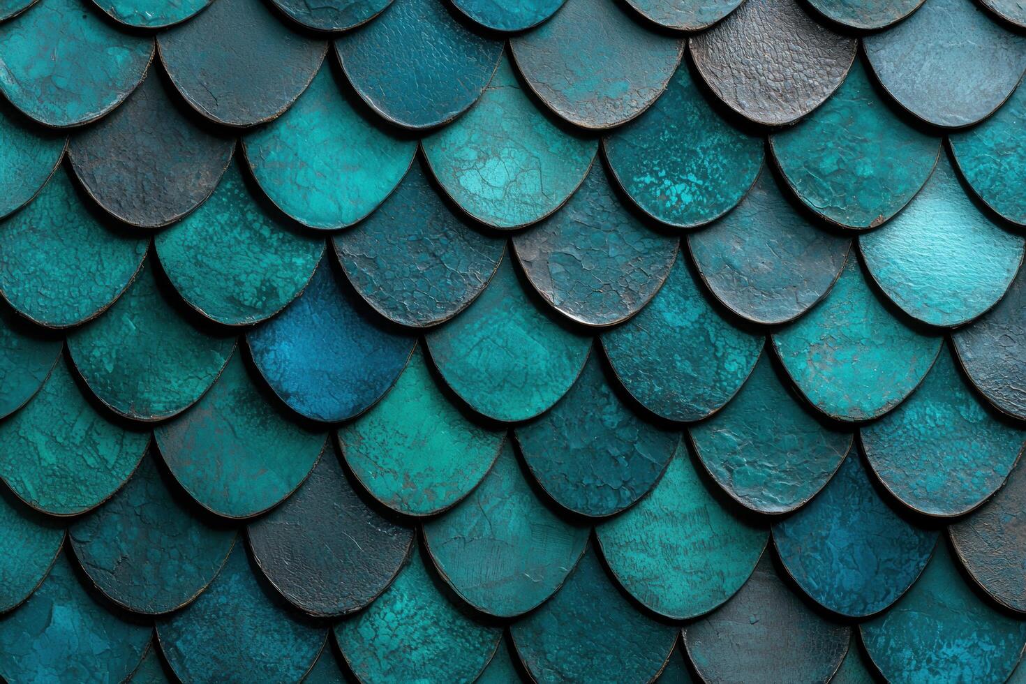 Close up of overlapping teal fish scales texture photo