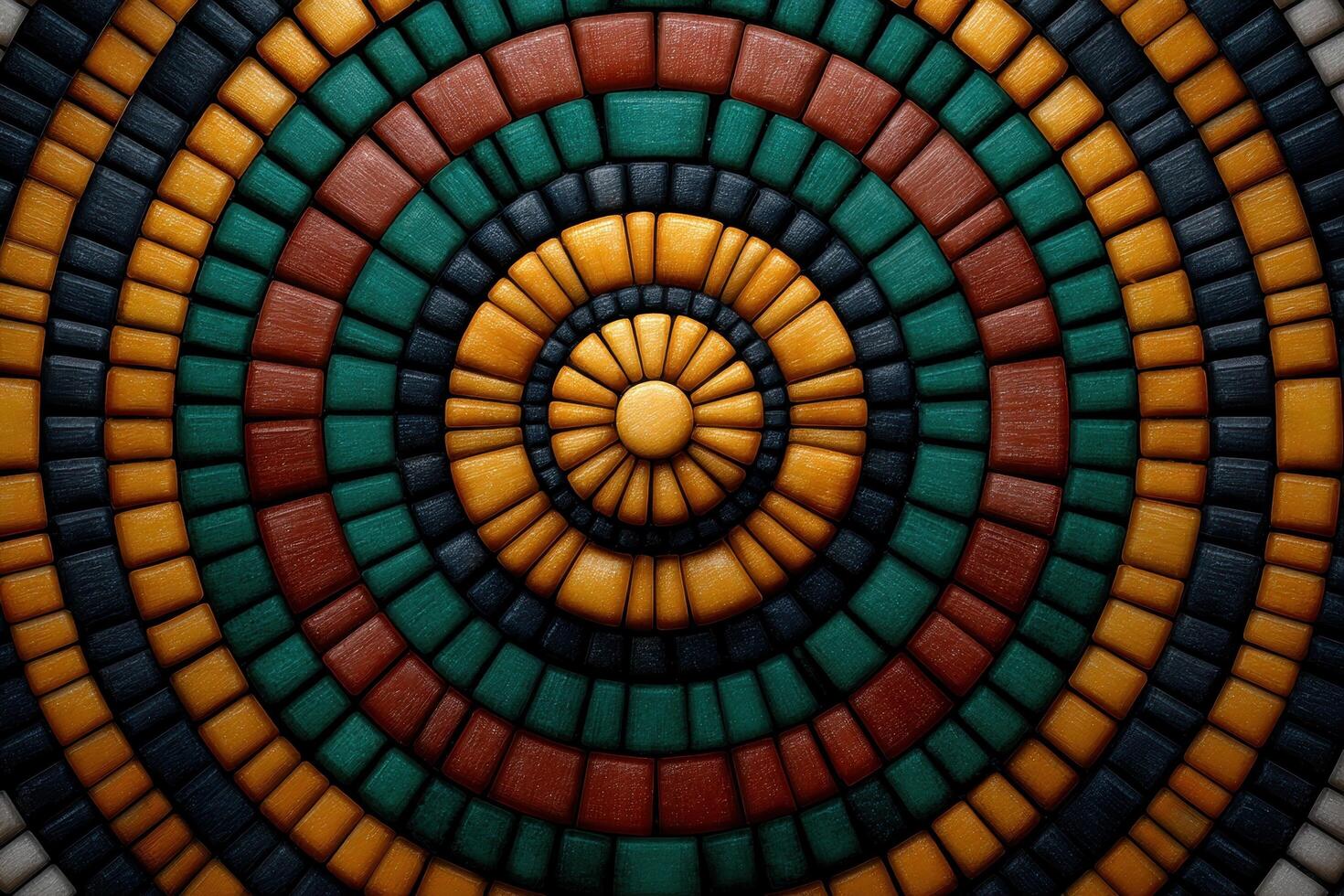 Colorful circular mosaic pattern with yellow, green, brown, and black tiles photo