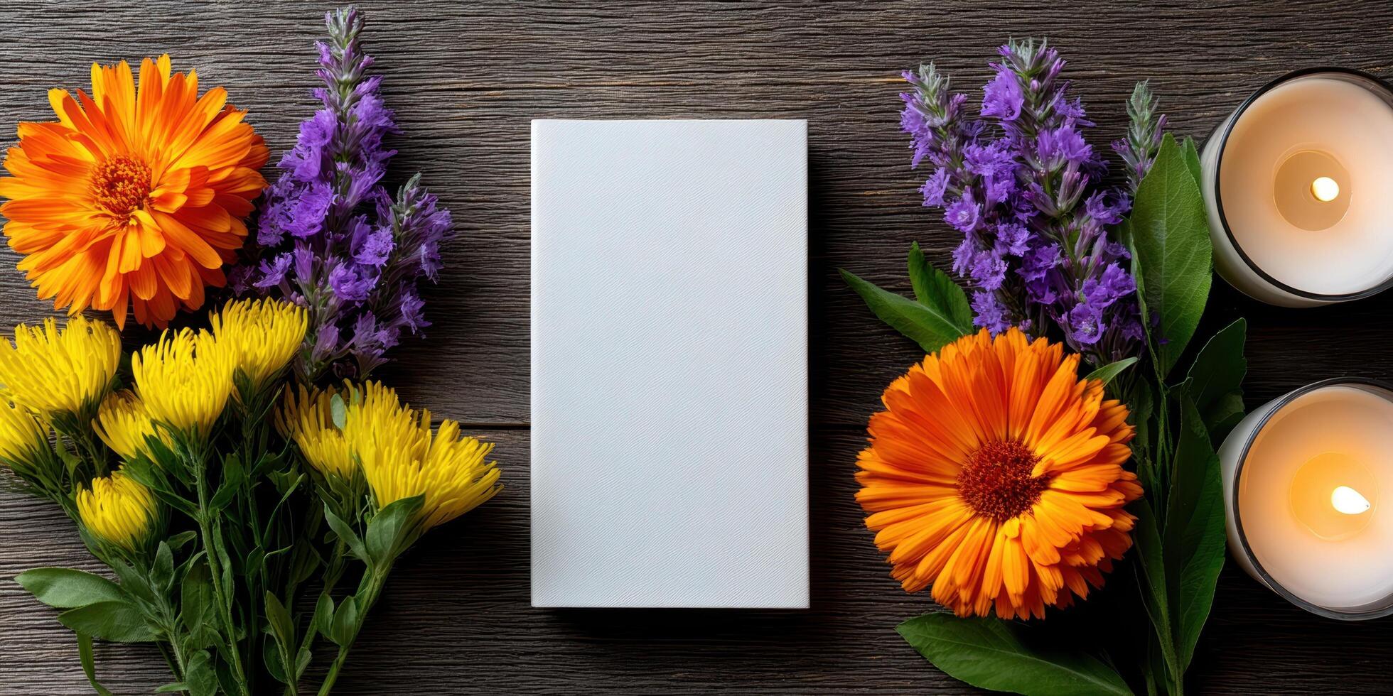 Blank canvas with flowers and candles on a wooden background photo