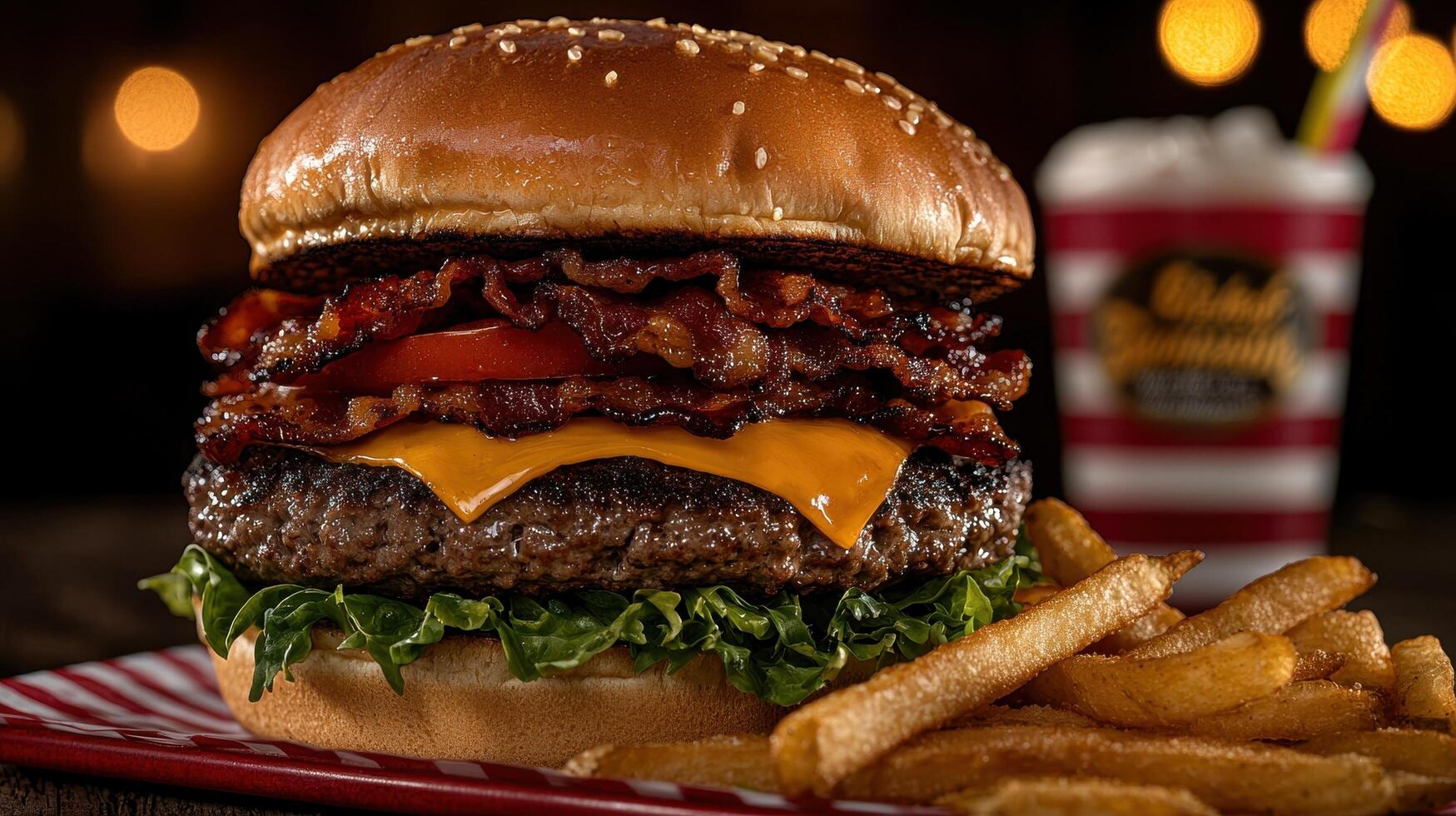 A delicious bacon cheeseburger with fries and a milkshake photo