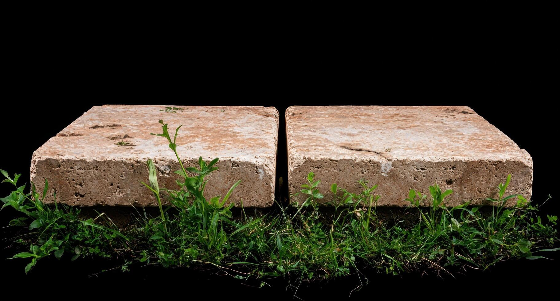 Two stone slabs with grass growing around them against a dark background photo