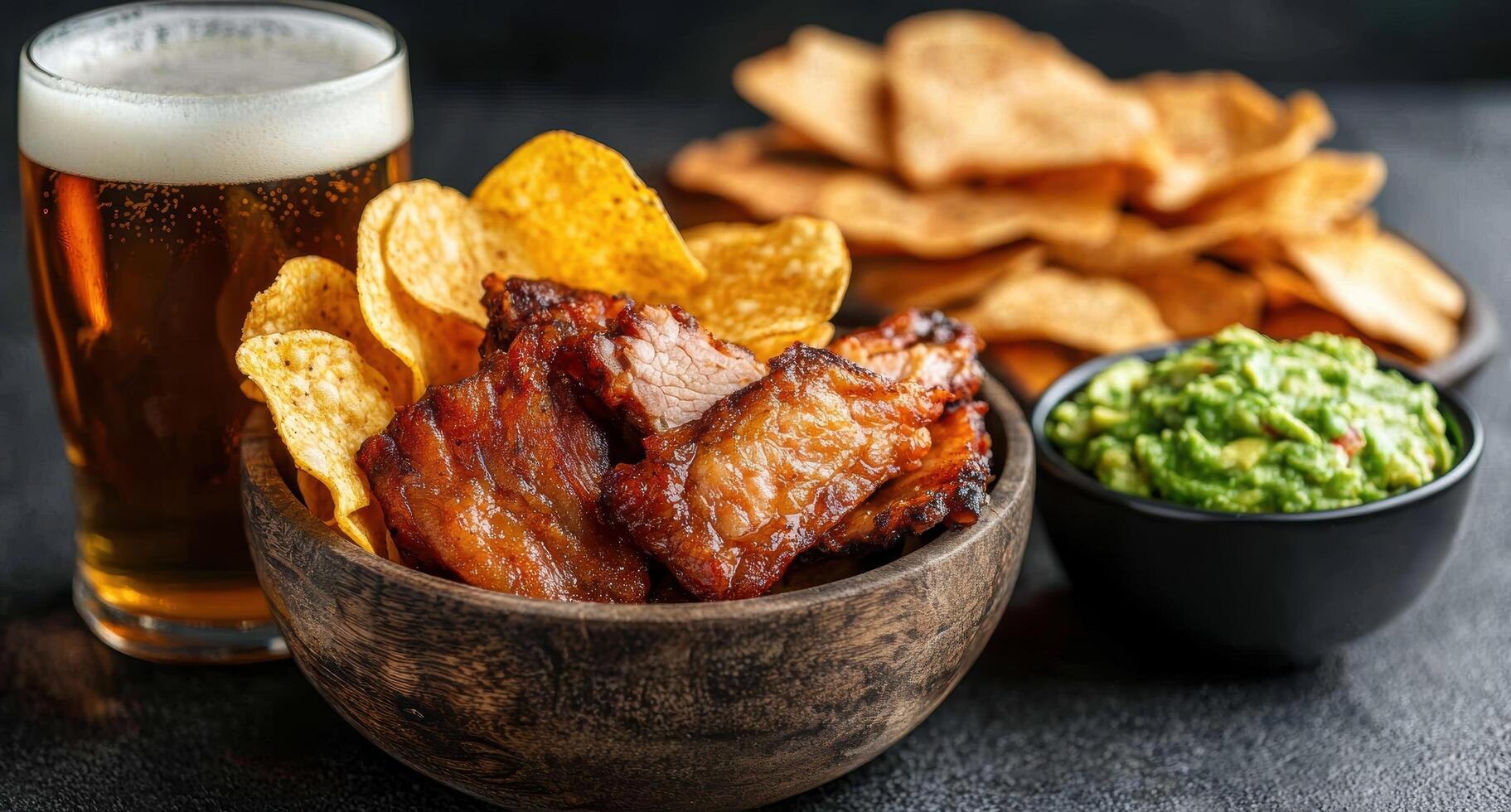 Delicious pork belly with chips and guacamole served with beer photo