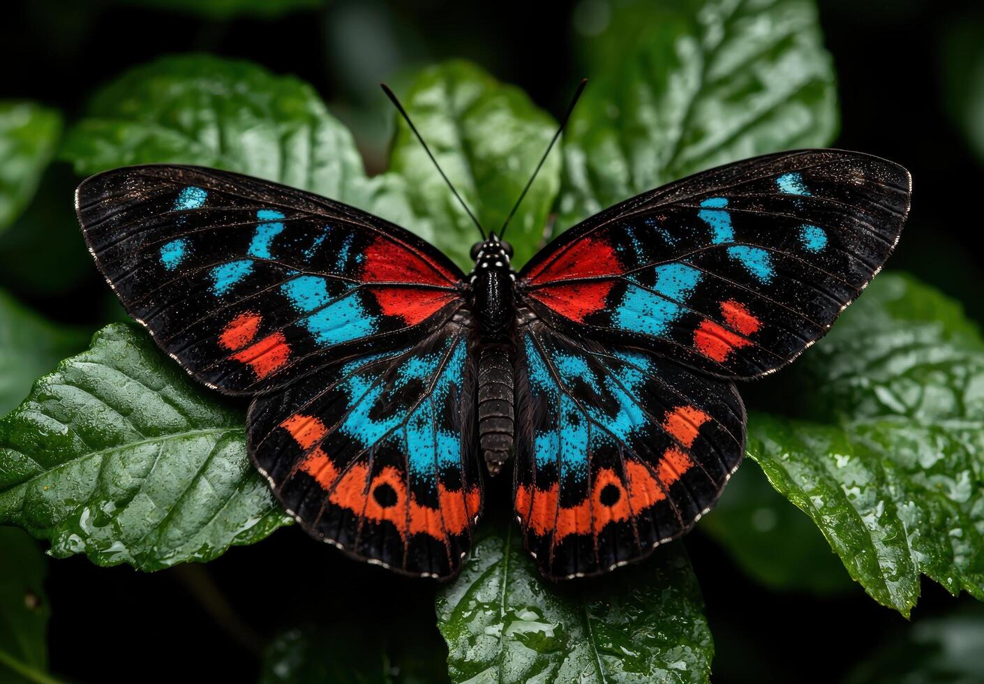 A vibrant butterfly resting on lush green leaves photo