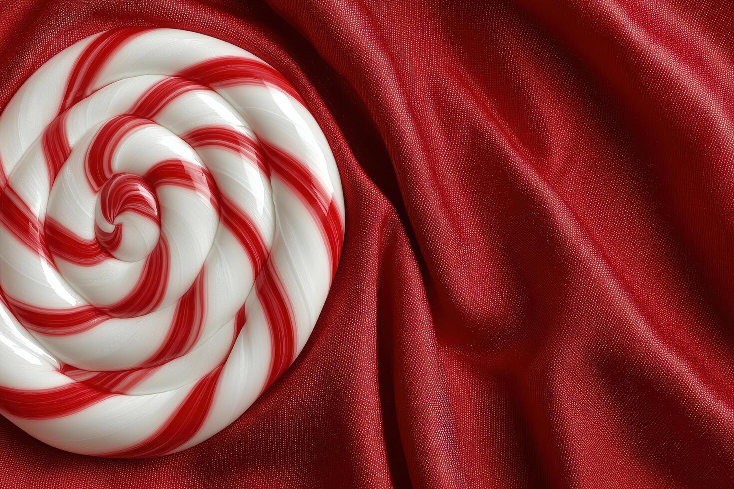 A red and white spiral lollipop on red fabric photo