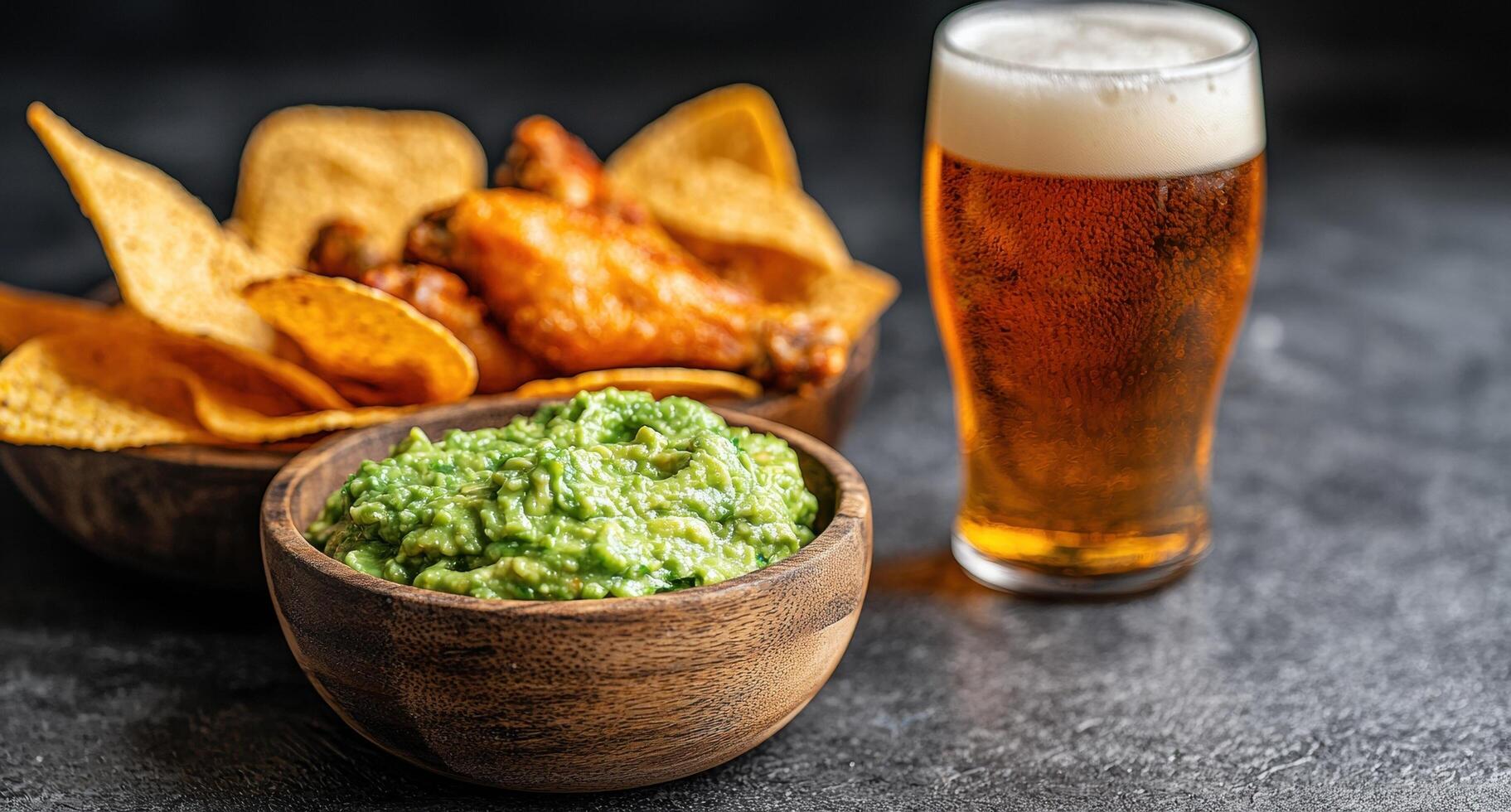 A refreshing beer with guacamole, chips and chicken wings photo