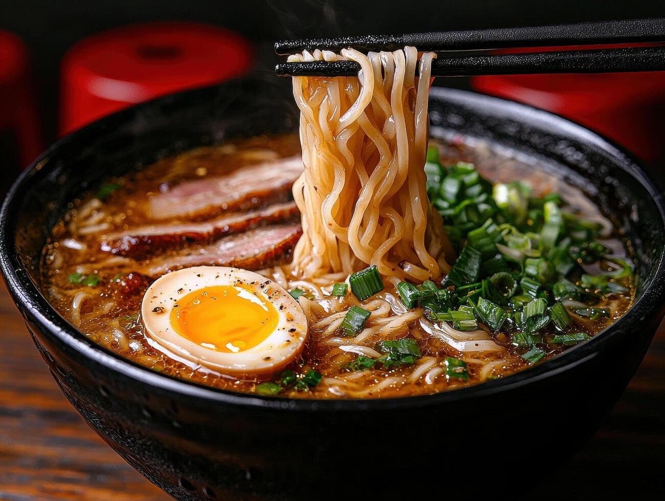 Delicious bowl of ramen with egg and meat photo