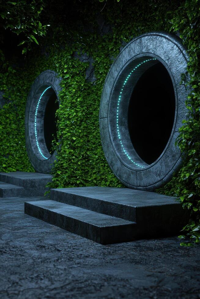 Mysterious portals covered in lush green foliage photo
