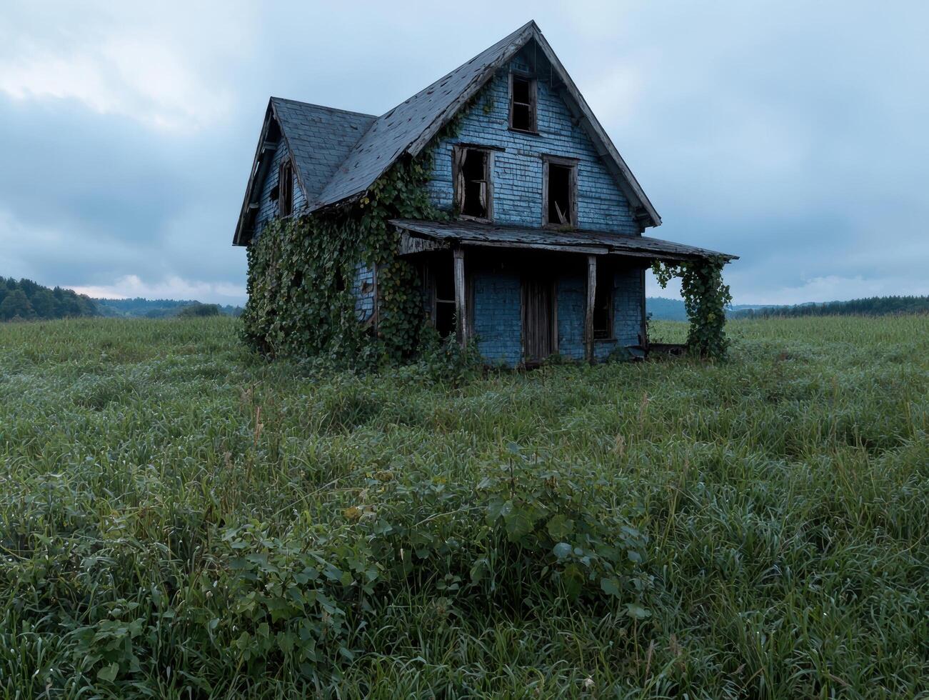 An old abandoned house sits in a field of tall grass photo