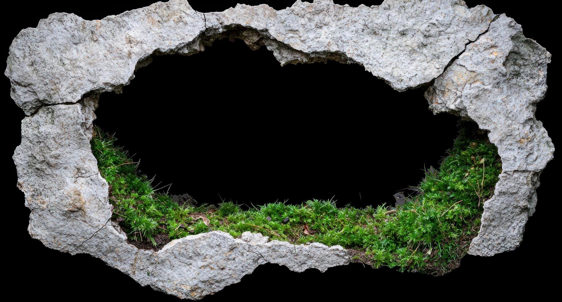 A hole in a concrete wall with moss growing through it photo