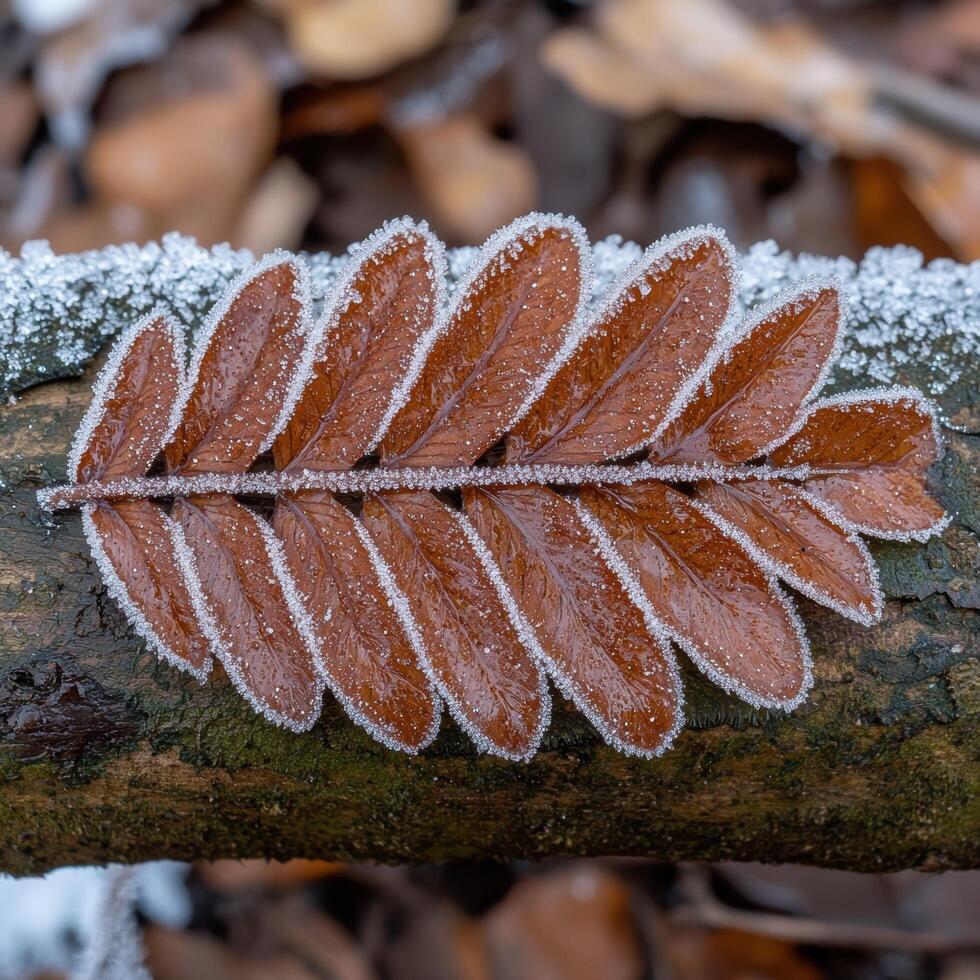 A frozen leaf on a branch covered in frost photo