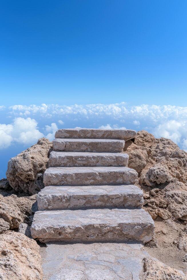 Stone steps leading up to a bright blue sky and clouds photo