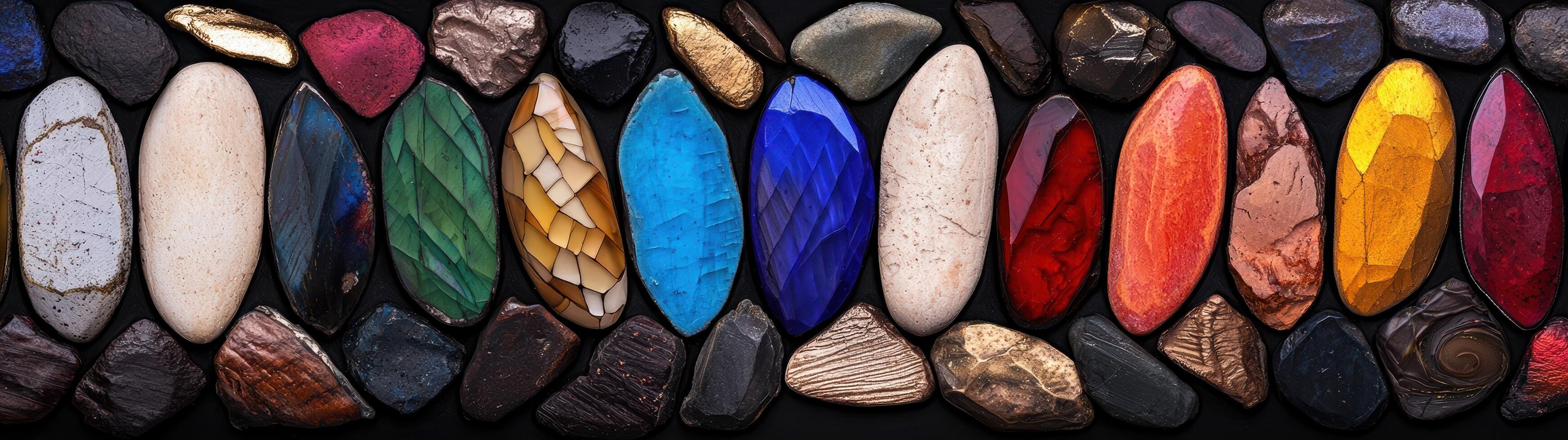 Colorful gemstones and rocks arranged on a black background photo