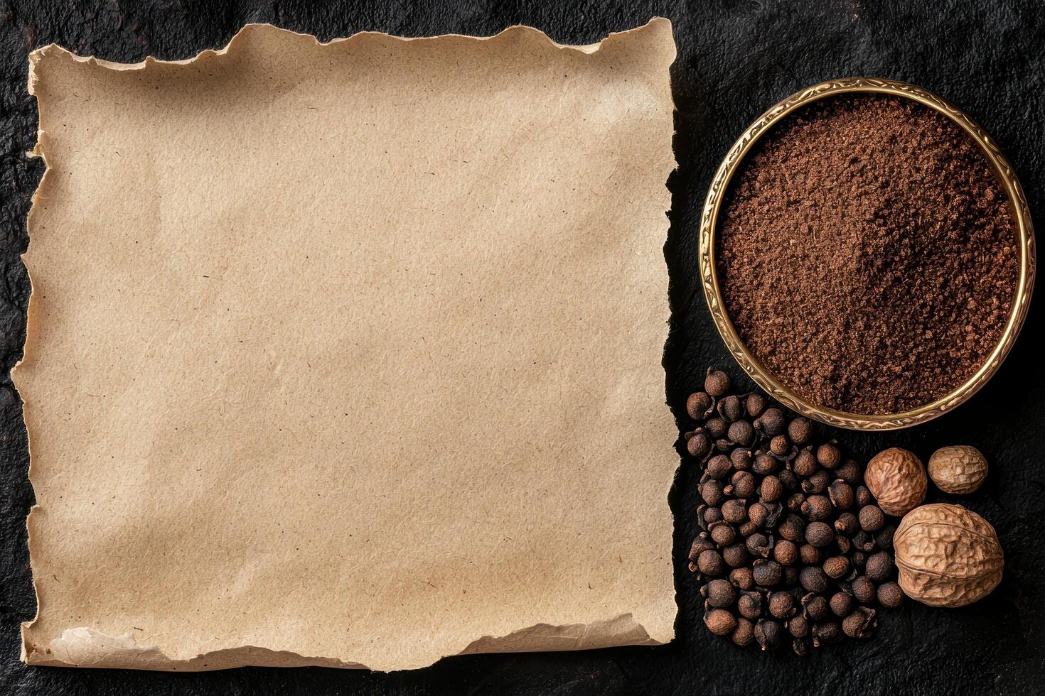 Old paper with spices and nutmeg on a dark background photo