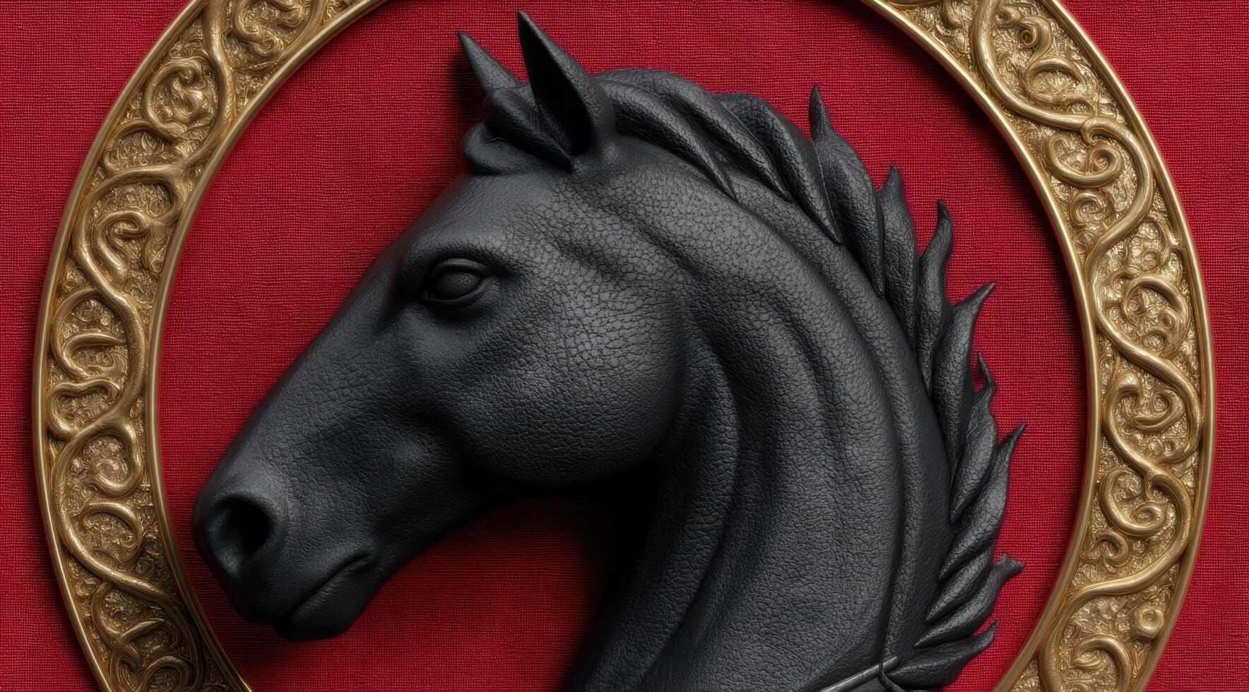 Elegant black horse head sculpture with gold frame on red background photo