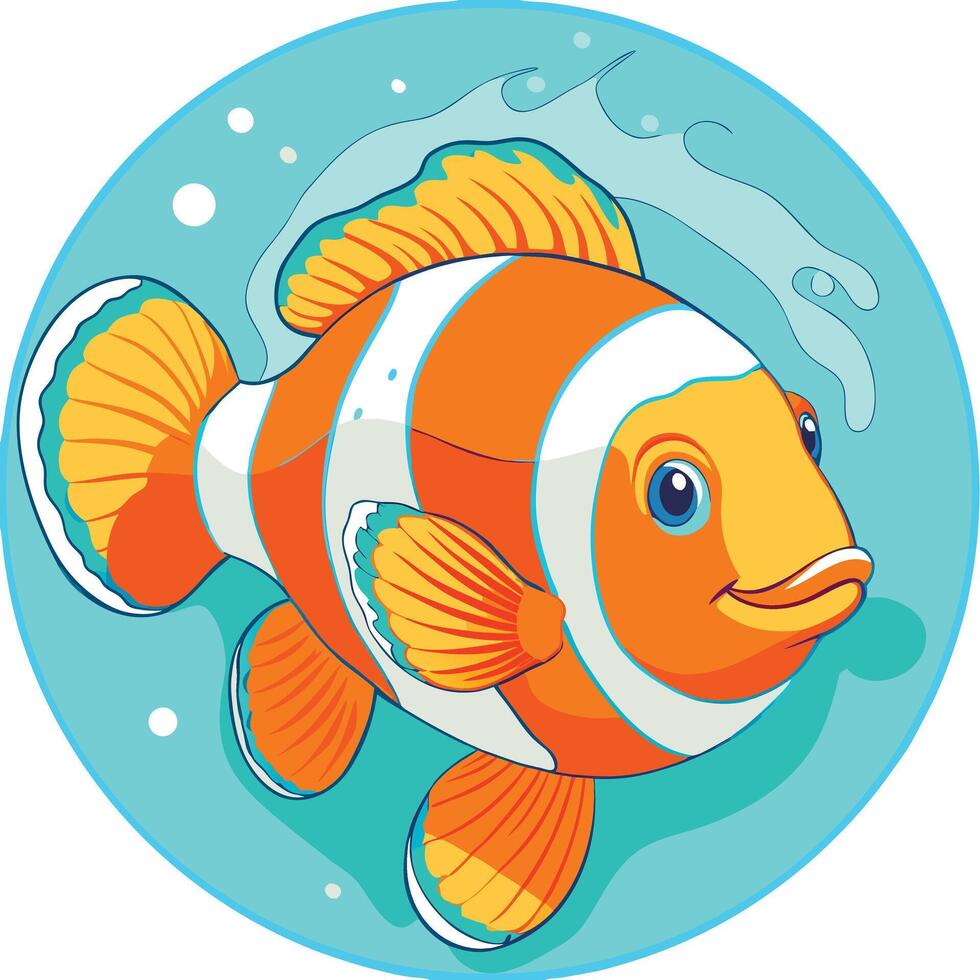 Cartoon Clownfish Illustration In Blue Circle vector