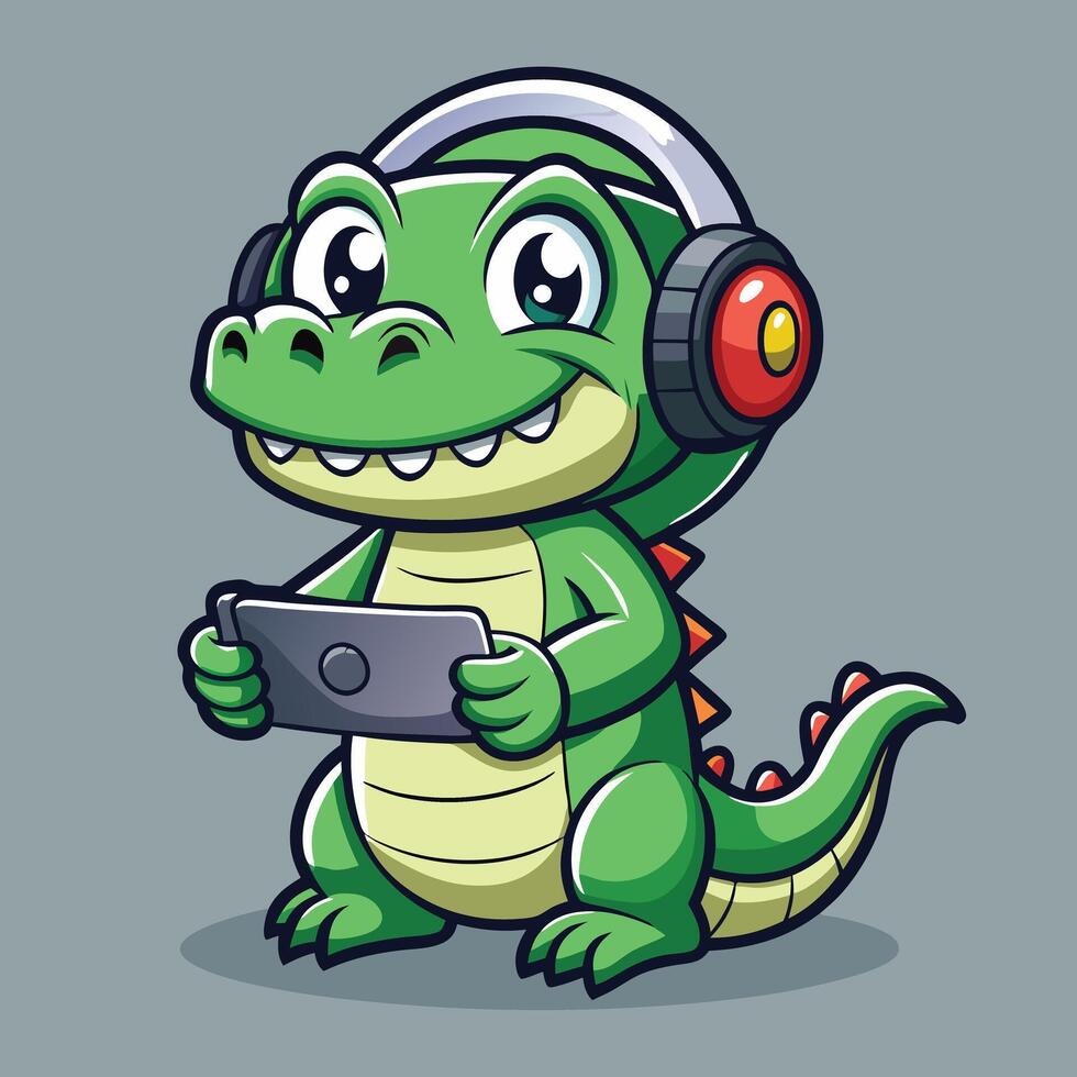 Cartoon Crocodile Playing Game On Mobile vector