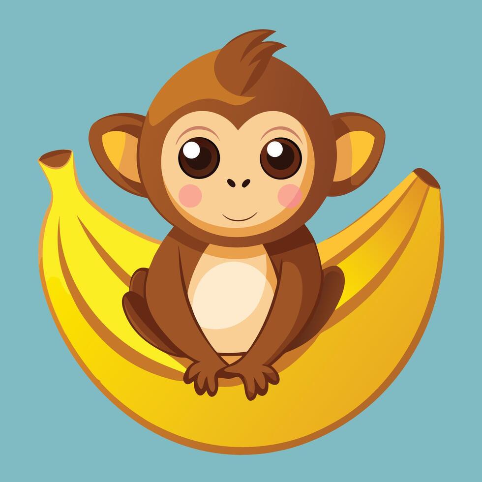 Cartoon Monkey Sitting On Yellow Banana Fruit vector