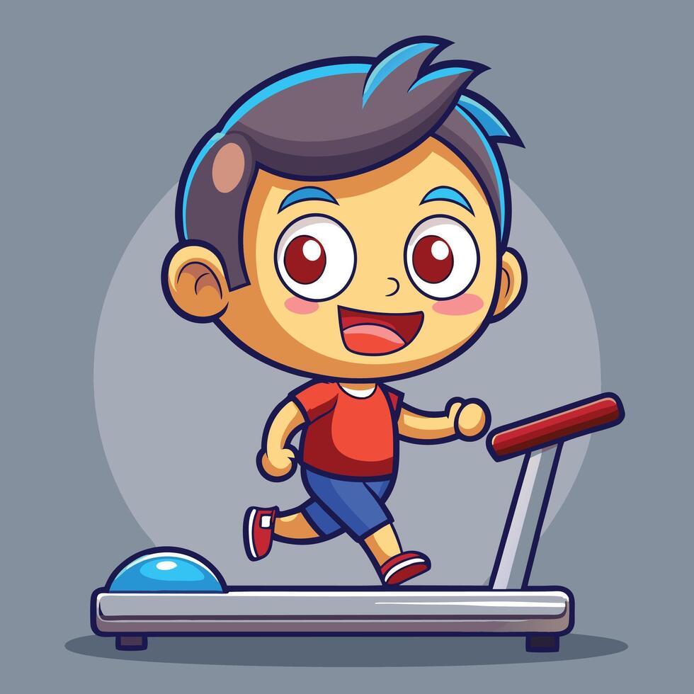 Cute Cartoon Boy Running On Treadmill vector