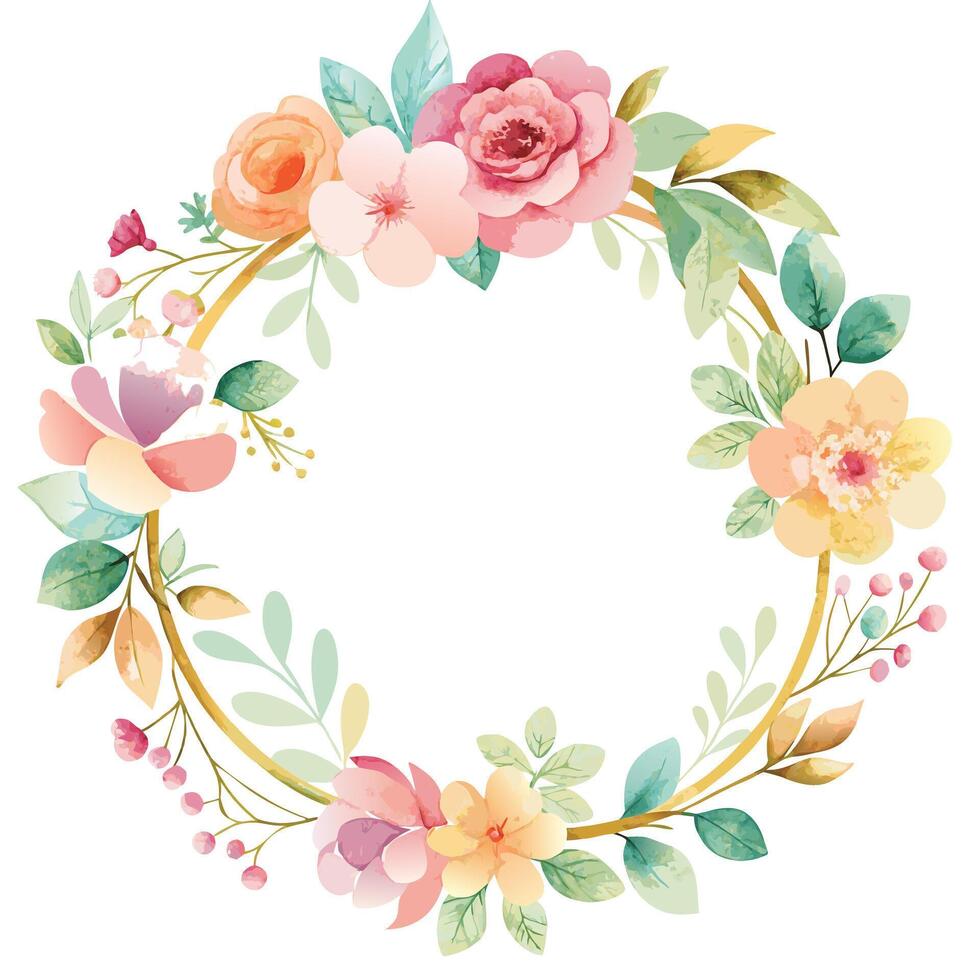 Watercolor Floral Wreath With Golden Frame vector