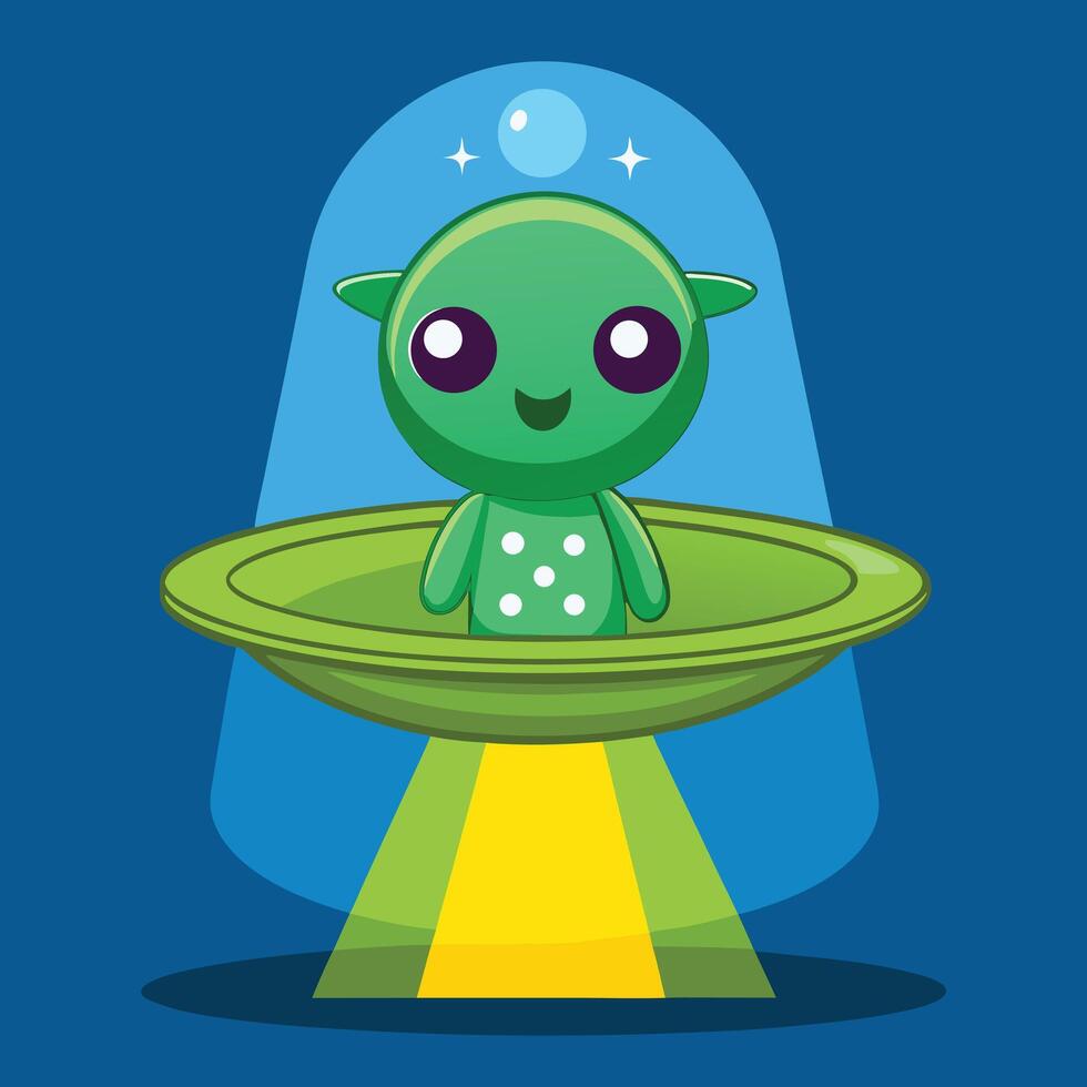 Cute Green Alien In Flying Saucer vector