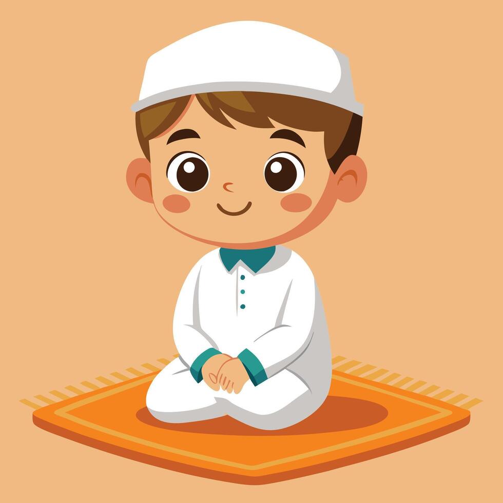 Cute Muslim Boy Praying Cartoon Illustration vector
