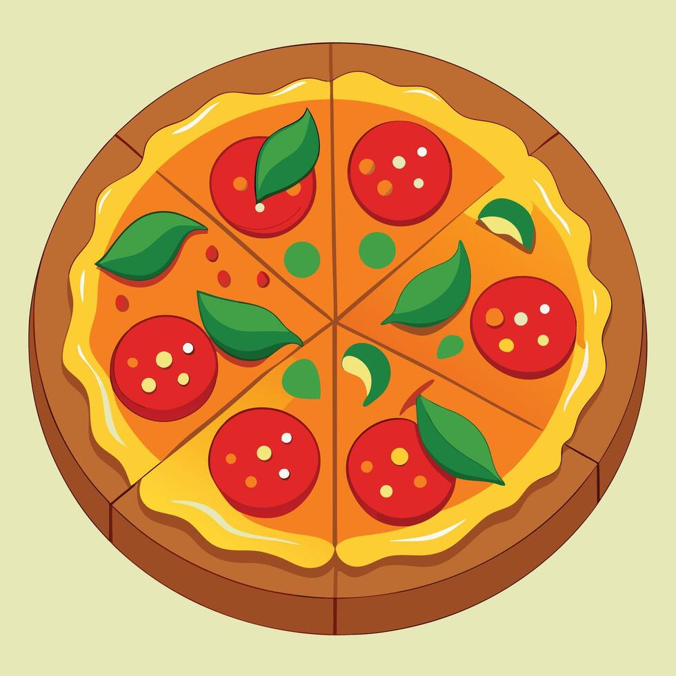 Cartoon Pepperoni Pizza Illustration With Basil Leaves vector