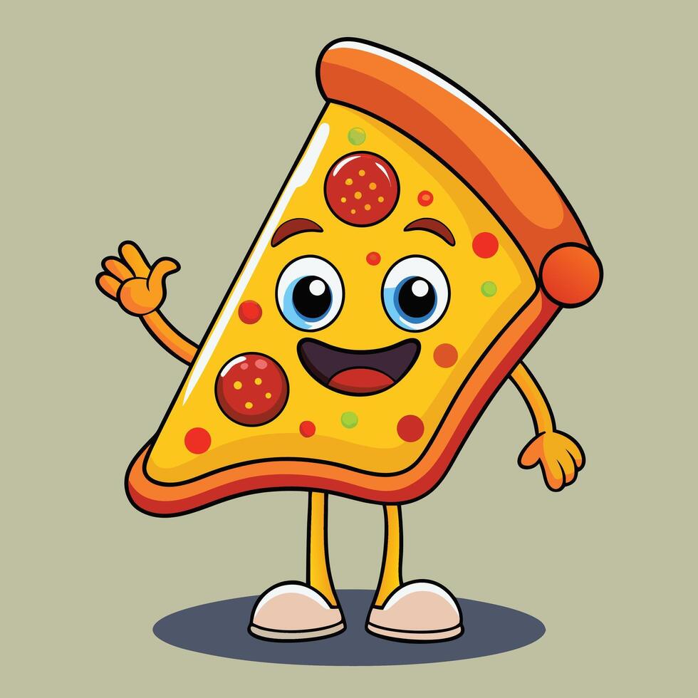 Happy Cartoon Pizza Slice Waving Hand vector