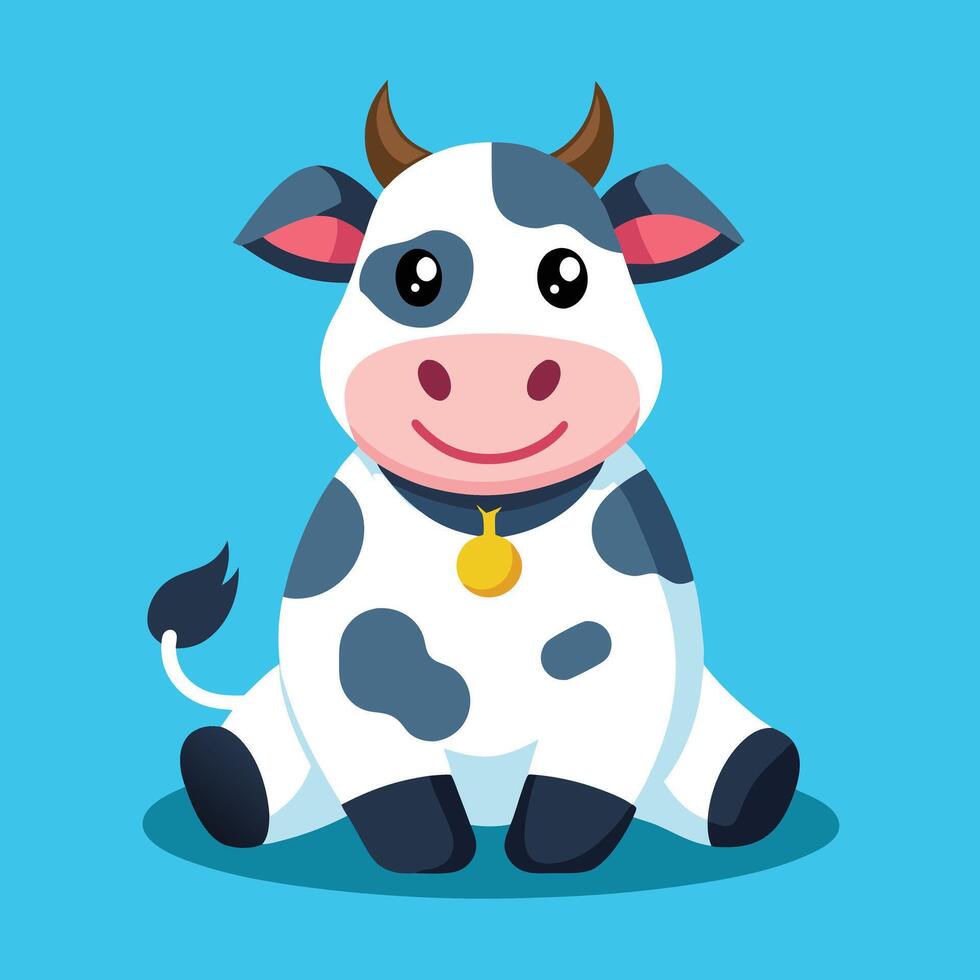 Cute Cow Cartoon Sitting On Blue Background vector