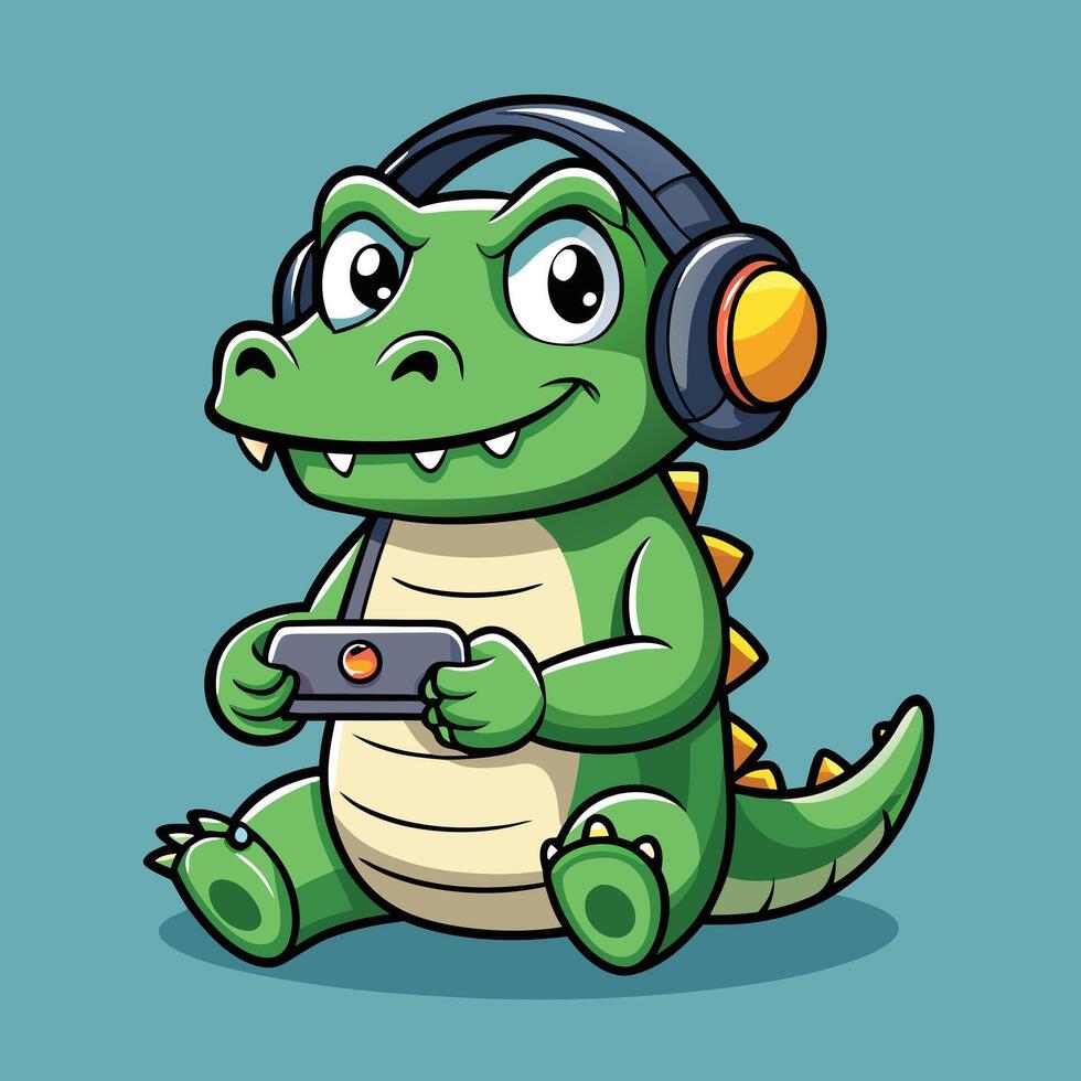 Cartoon Crocodile Playing Game On Mobile Phone vector