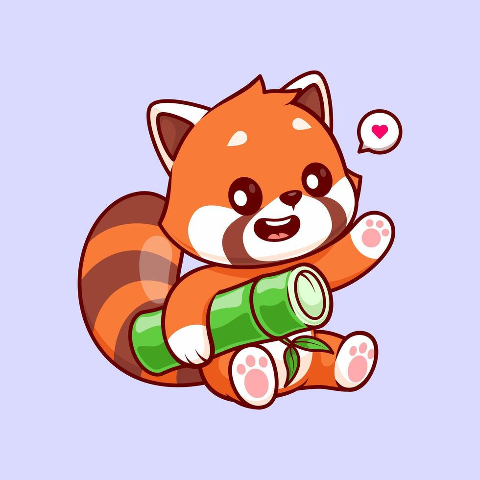 Cute Red Panda Holding Bamboo And Waving Hand Cartoon vector