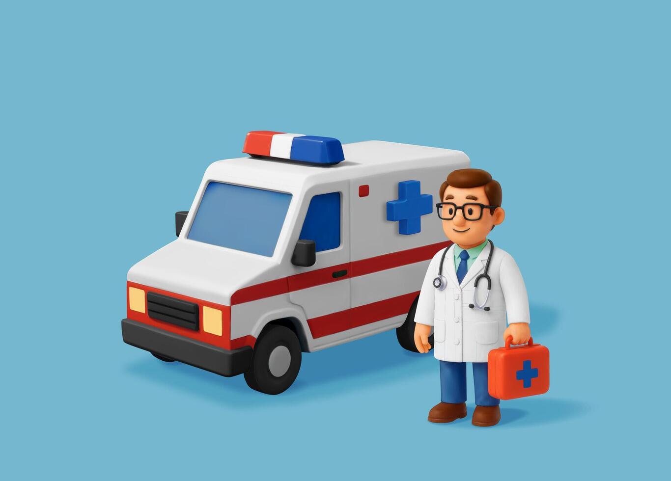 3D doctor with ambulance car isolated. Render doctor holding first aid kit and emergency vehicle. Healthcare services, medical professional character. Medical and health care vector