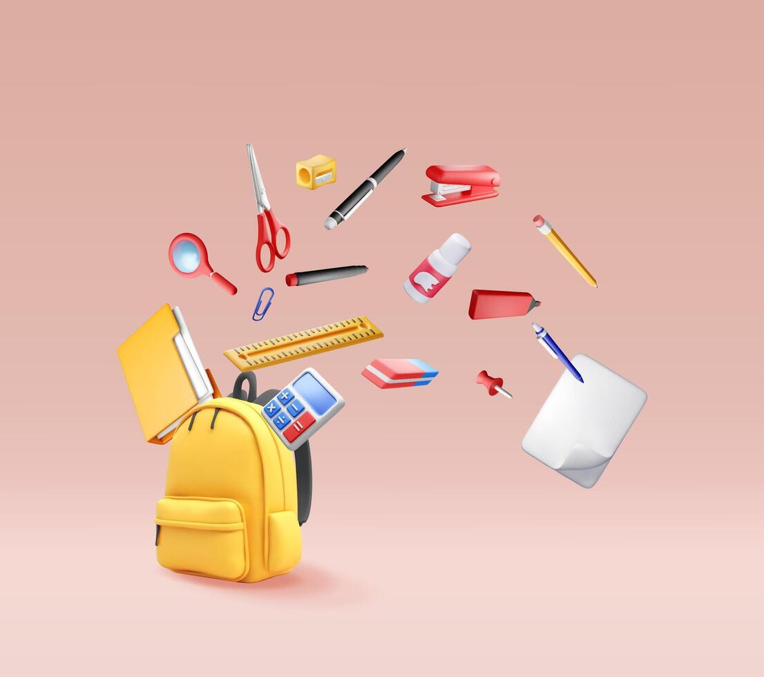 3D School backpack full of stationery items isolated. Render back to school concept. School supplies in backpack. Apple, calculator, pen pencil ruler vector