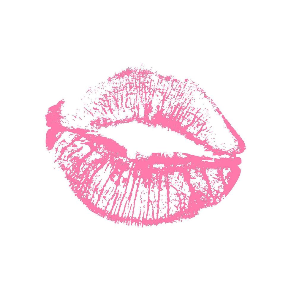 Bright pink lipstick kiss print. Female lip imprint on white background. vector