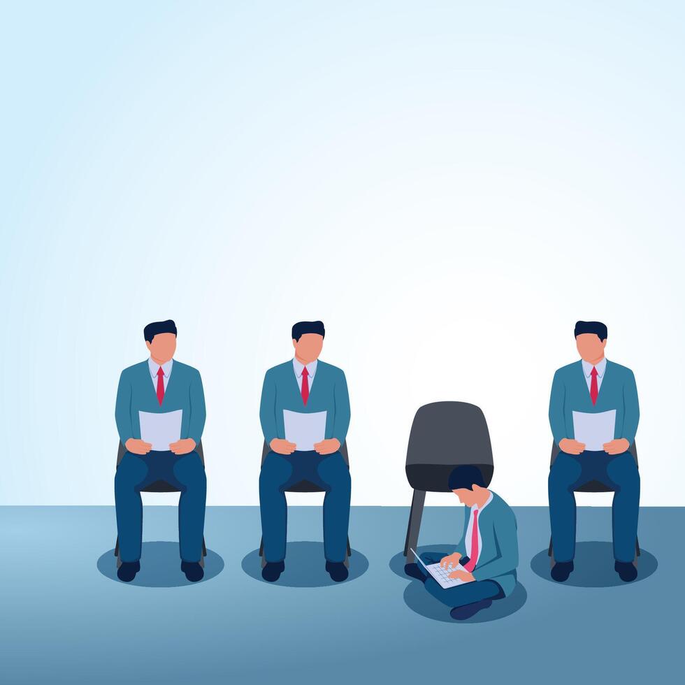A man works with a laptop while another sits on a chair holding a proposal. A metaphorical illustration of being different from others, unique and having initiative. vector