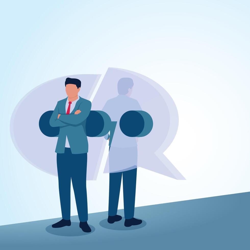 Two men facing away from each other behind a chat bubble. A metaphorical illustration of broken communication, misunderstandings and disagreements. vector