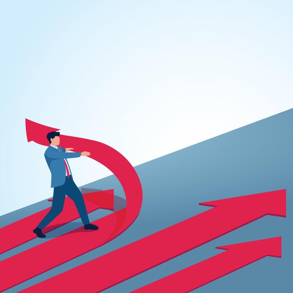 A man deflects an arrow in another direction. A metaphorical illustration of being different from others, unique and having initiative. vector